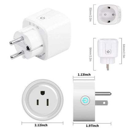 Tuya Smart WiFi Socket for Remote App and Voice Control - white plug with app and voice control icon, compact dimensions shown
