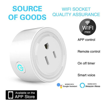 Tuya Smart WiFi Socket for Remote App and Voice Control - white smart plug showing app, WiFi, timer and voice control features