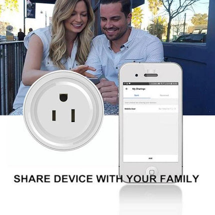 Tuya Smart WiFi Socket for Remote App and Voice Control - white smart plug with phone app showing device sharing