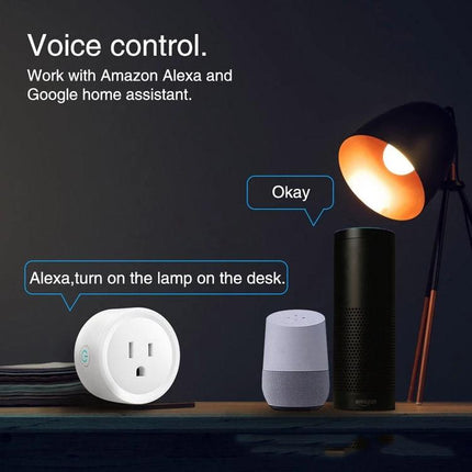 Tuya Smart WiFi Socket for Remote App and Voice Control — plug on desk controlled by Alexa and Google Home to turn lamp on