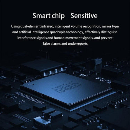 Tuya Human Body Infrared Motion Detector for Homes with smart chip shown, highlighting sensitive dual-element infrared detection and reduced false alarms