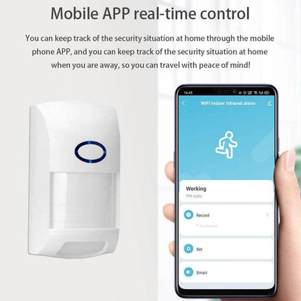 Tuya Human Body Infrared Motion Detector for Homes showing device and mobile app real-time control, pet-friendly motion detection and WiFi alerts