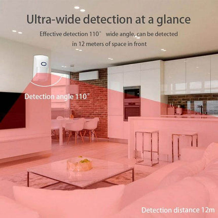 Tuya Human Body Infrared Motion Detector for Homes mounted in living room showing 110° ultra-wide detection up to 12m, pet-friendly, WiFi smart monitoring via Tuya app