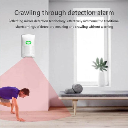 Tuya Human Body Infrared Motion Detector for Homes mounted on wall detecting a crawling intruder, WiFi smart pet‑friendly motion sensor