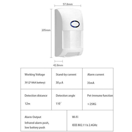 Tuya Human Body Infrared Motion Detector for Homes wall-mounted white PIR sensor with WiFi, 12m detection, pet-immune ≤25kg, 110° angle, battery-powered