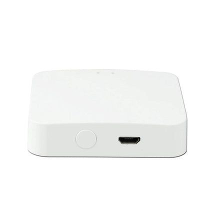 Tuya Wireless Gateway for Smart Home Device Control white compact hub with micro USB port and pairing button