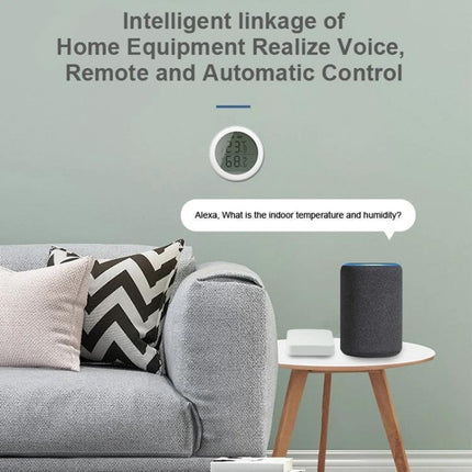 Tuya Wireless Gateway for Smart Home Device Control: living room scene with smart hub, voice assistant, thermostat and Zigbee/Bluetooth devices