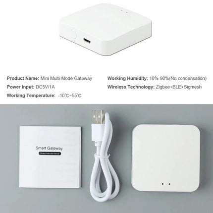 Tuya Wireless Gateway for Smart Home Device Control compact white Zigbee BLE gateway with USB cable and manual