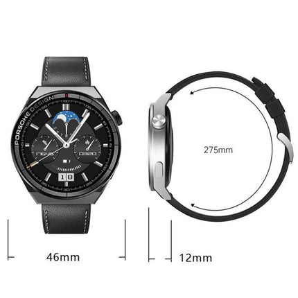A Versatile Watch for Daily Fitness and Outdoor Activities shown with 46mm face, 12mm thickness and 275mm strap, black leather band and smartwatch features