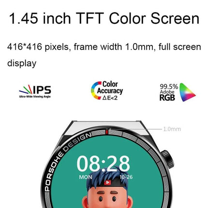 A Versatile Watch for Daily Fitness and Outdoor Activities - 1.45 inch TFT color screen smartwatch showing time and display specs