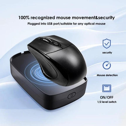 H26 Automatic Virtual Mouse Device for Preventing Screen Lock shown with a black optical mouse on the USB-powered base preventing screen lock