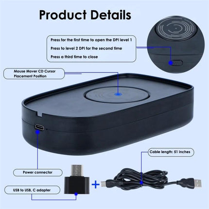 H26 Automatic Virtual Mouse Device for Preventing Screen Lock shown with power connector, USB-C adapter and 51-inch cable
