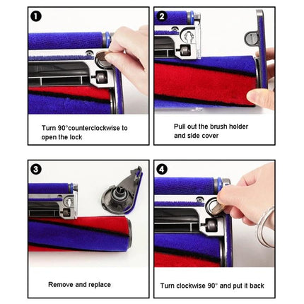 Dyson Soft Velvet Suction Head Side Cover Replacement showing step-by-step removal and installation of brush holder and side cover