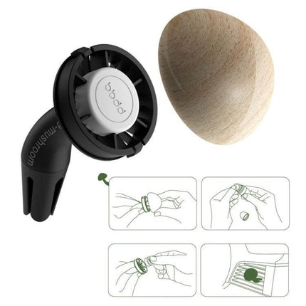 Mushroom Car Air Vent Aromatherapy Ornament Solid Wood solid wood mushroom-shaped car vent diffuser with ocean scent, shown disassembled and installation steps