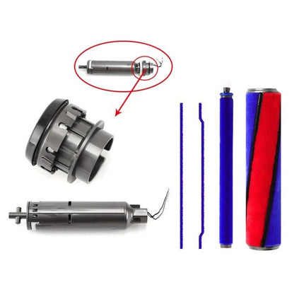 Replacement Soft Roller Head Parts for Dyson Vacuums showing motor, brush shaft, soft roller and end cap for easy replacement