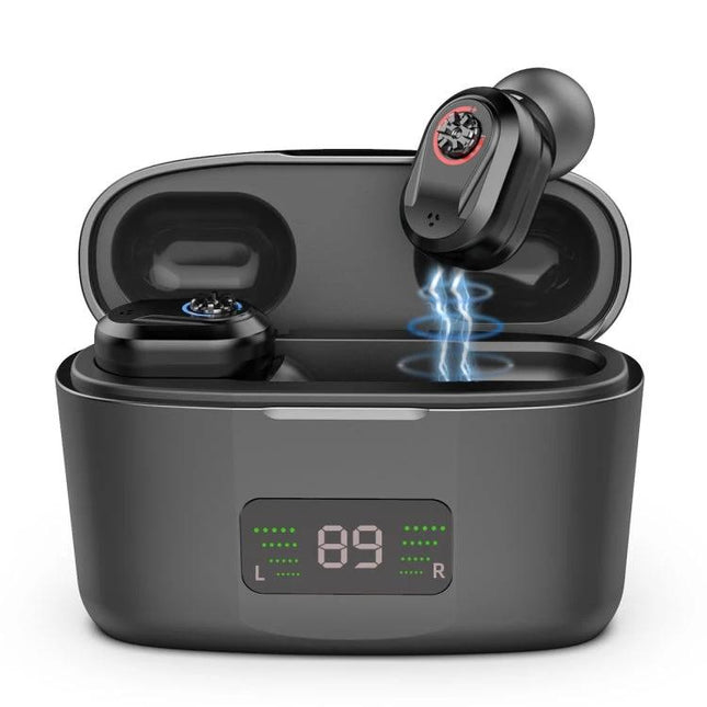 Comfortable In-Ear Hearing Aid for Everyday Conversations in Multiple Colors black charging case with digital display and silicone earplugs