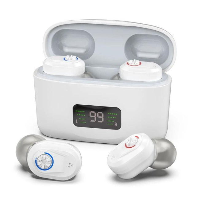 Comfortable In-Ear Hearing Aid for Everyday Conversations in Multiple Colors - compact white earbuds with charging case and silicone earplugs