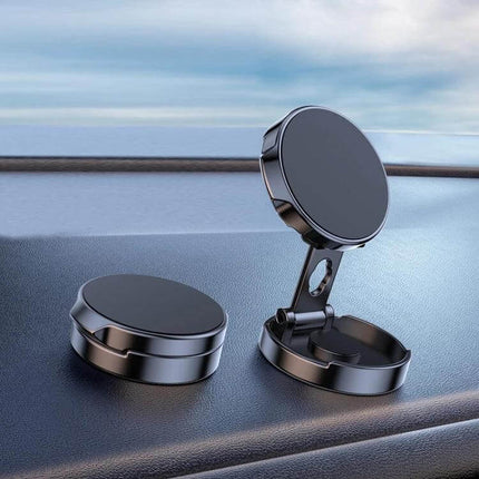 Multi Angle Car Magnetic Phone Bracket 720 Degree Rotation mounted on car dashboard showing folded and extended magnetic phone holder for hands-free navigation