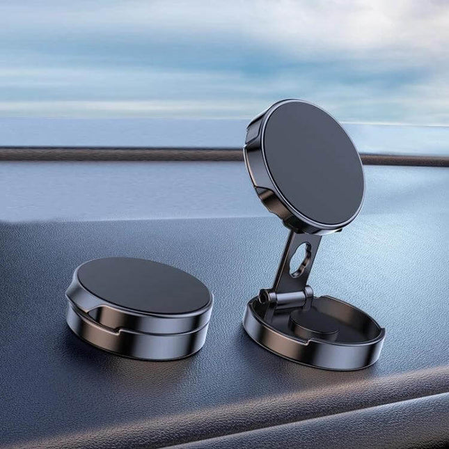Multi Angle Car Magnetic Phone Bracket 720 Degree Rotation mounted on car dashboard showing folded and extended magnetic phone holder for hands-free navigation