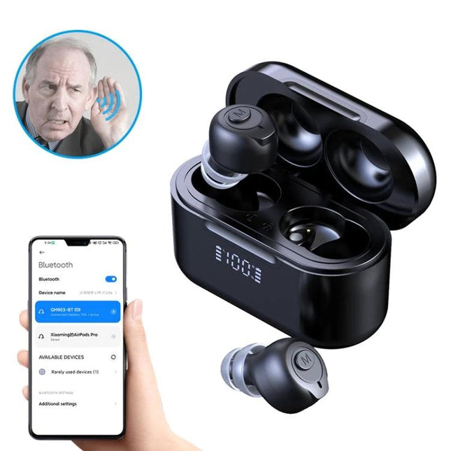 Digital Hearing Aids for Elderly with Bluetooth Connectivity - small black wireless aid earbuds with charging case and smartphone pairing, DSP chip