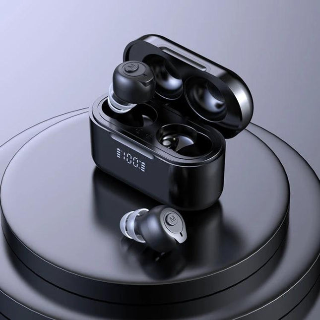 Digital Hearing Aids for Elderly with Bluetooth Connectivity compact black earbuds with charging case and DSP digital chip, noise reduction and smartphone pairing