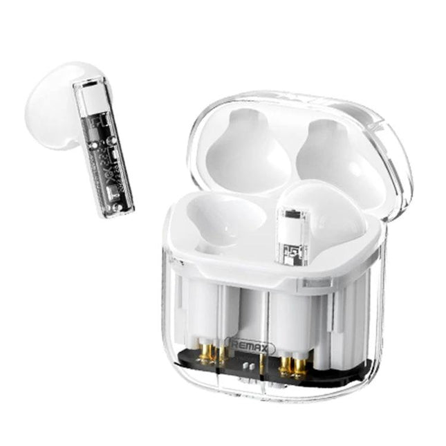 REMAX CozyBuds Transparent Earbuds For Calls And Commute compact transparent TWS earbuds in open charging case