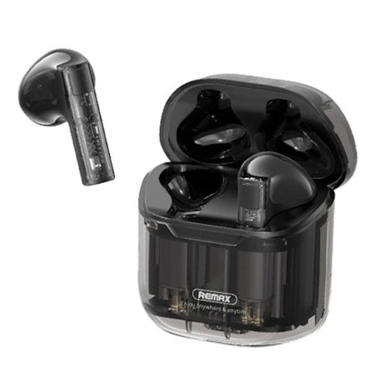 REMAX CozyBuds Transparent Earbuds For Calls And Commute black transparent TWS earbuds with charging case, compact for calls
