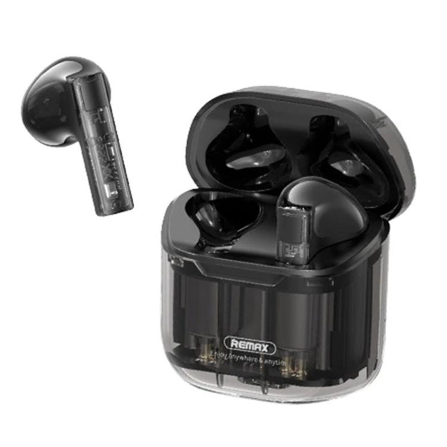 REMAX CozyBuds Transparent Earbuds For Calls And Commute black transparent TWS earbuds with charging case, compact for calls
