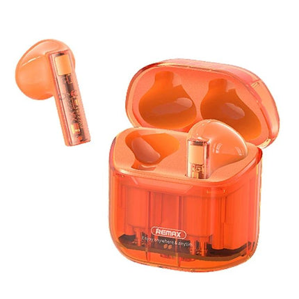 REMAX CozyBuds Transparent Earbuds For Calls And Commute orange transparent TWS earbuds with open charging case