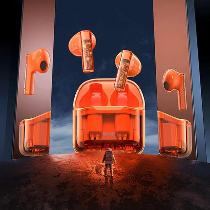 REMAX CozyBuds Transparent Earbuds For Calls And Commute orange transparent TWS earbuds with case on futuristic landscape