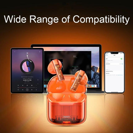 REMAX CozyBuds Transparent Earbuds For Calls And Commute compact transparent TWS earbuds beside tablet laptop and phone
