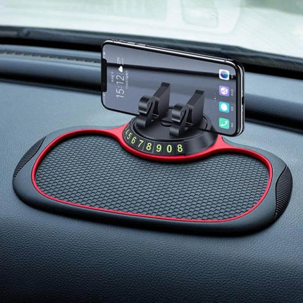 Car Center Console Phone Mat With Hidden Parking Number Plate on dashboard holding smartphone and showing retractable contact number