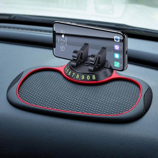 Car Center Console Phone Mat With Hidden Parking Number Plate on dashboard holding smartphone and showing retractable contact number