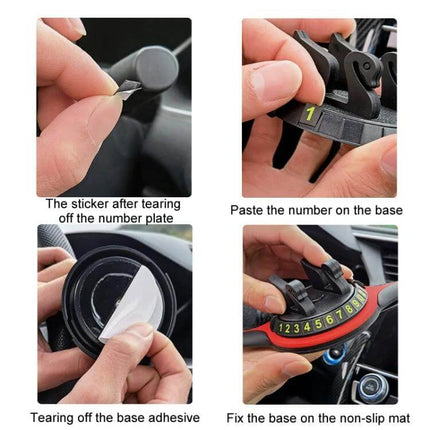 Car Center Console Phone Mat With Hidden Parking Number Plate showing installation steps, adhesive base, number stickers and non-slip mat in car