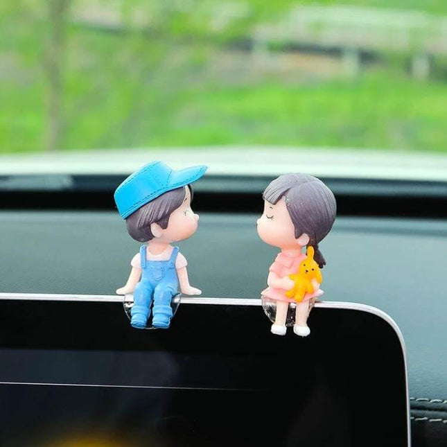 Lovely Kissing Couple Blue Car Ornament For Interior Decor - hand-painted PVC dashboard kissing couple figurines with non-trace sticker, 4x6 cm