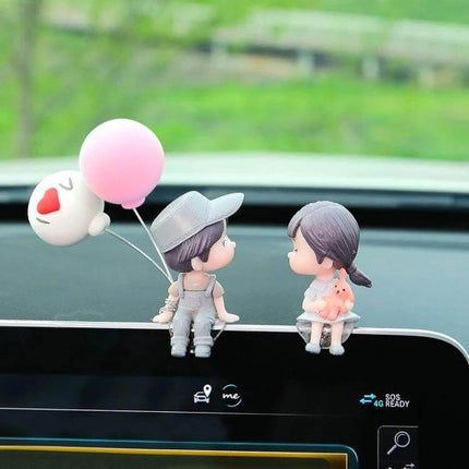 Lovely Kissing Couple Blue Car Ornament For Interior Decor - hand-painted PVC dashboard kissing couple with pink balloon, non-trace sticker, 4x6 cm