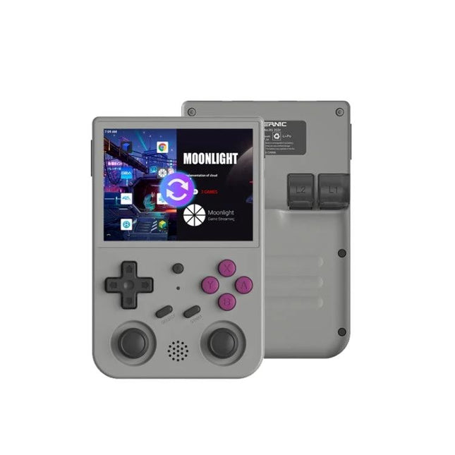 RG353V Handheld Game Console for Portable Gaming Fun showing front and back view with dual OS support and retro controller layout