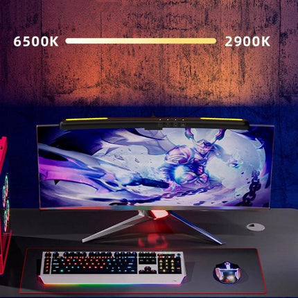 Curved Screen Hanging Lamp for Home Computer Desk Use clipped to monitor illuminating keyboard and documents with adjustable color temperature