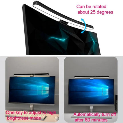 Curved Screen Hanging Lamp for Home Computer Desk Use — clip-on LED lamp rotates 25° to illuminate keyboard, reduces glare, one-key brightness, auto-off 60 min