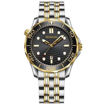 BINBOND Luminous Men's Sports Watch For Everyday Use - 44mm metal case, gold-accent steel strap, black luminous dial, tempered glass crystal