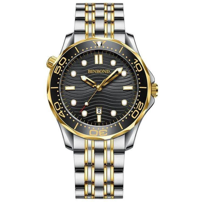 BINBOND Luminous Men's Sports Watch For Everyday Use - 44mm metal case, gold-accent steel strap, black luminous dial, tempered glass crystal