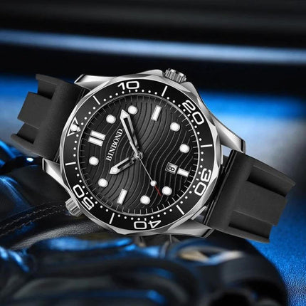 BINBOND Luminous Men's Sports Watch For Everyday Use showing 44mm metal case, silicone strap, luminous dial and tempered glass crystal