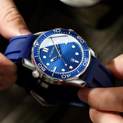 BINBOND Luminous Men's Sports Watch For Everyday Use - blue dial, luminous hands, 44mm metal case with silicone strap