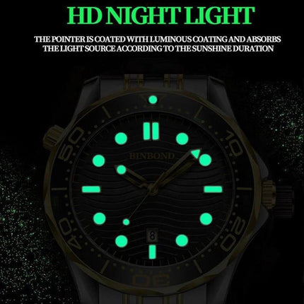 BINBOND Luminous Men's Sports Watch For Everyday Use showing luminous dial markers and hands for night visibility