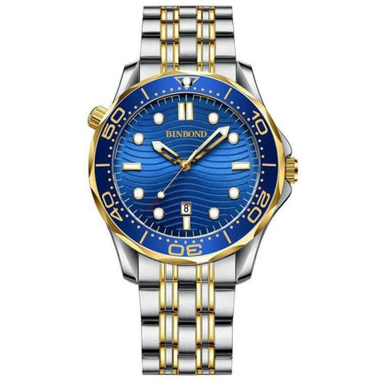 BINBOND Luminous Men's Sports Watch For Everyday Use - blue dial, 44mm metal case, steel two-tone bracelet, luminous hands and markers