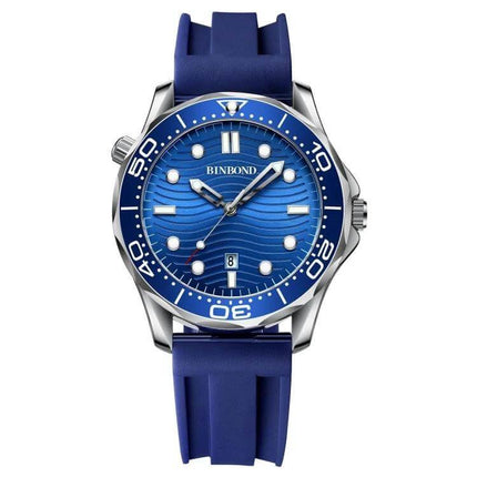 BINBOND Luminous Men's Sports Watch For Everyday Use - blue dial, 44mm metal case, silicone strap, luminous hands and date