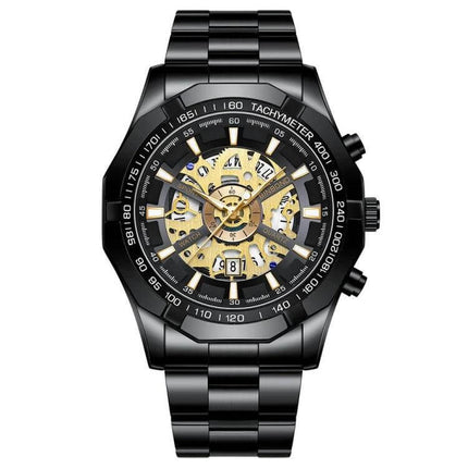 BINBOND Luminous Waterproof Quartz Watch for Daily Wear - black stainless steel skeleton dial with luminous hands and water-resistant design