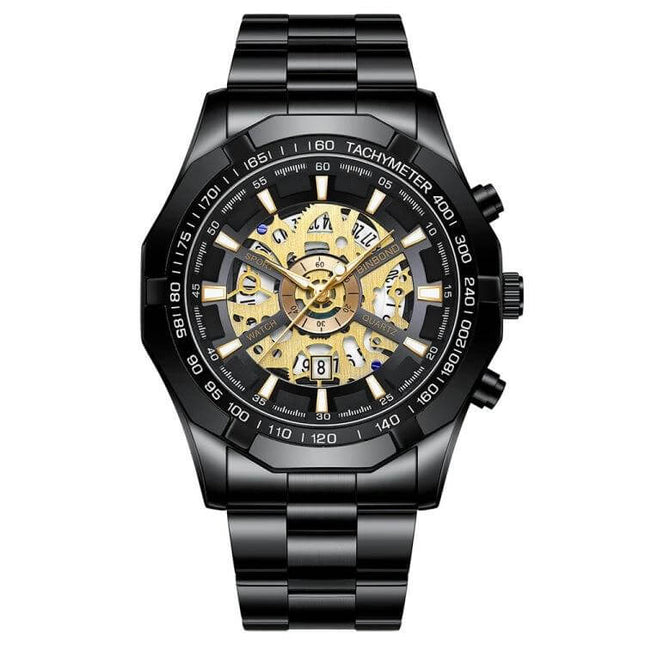 BINBOND Luminous Waterproof Quartz Watch for Daily Wear - black stainless steel skeleton dial with luminous hands and water-resistant design