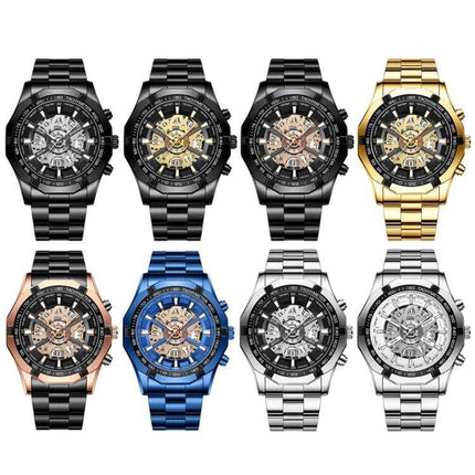 BINBOND Luminous Waterproof Quartz Watch for Daily Wear showing eight metal color variants with luminous hands and waterproof design