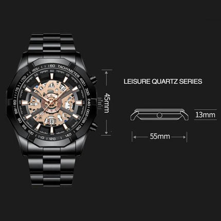 BINBOND Luminous Waterproof Quartz Watch for Daily Wear - black stainless steel watch with luminous skeleton dial, 45mm case, 13mm thickness